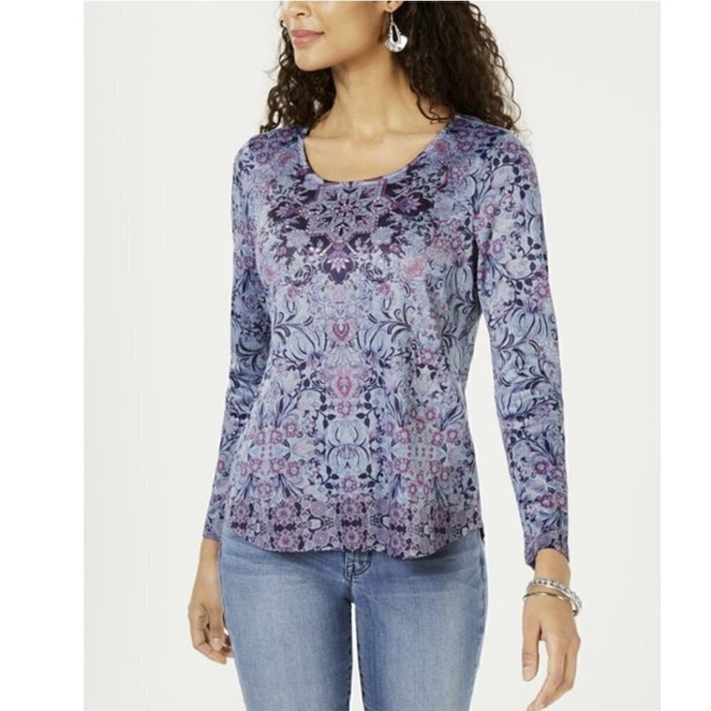 💎301 Style & Co Cotton Floral Print Blue Top